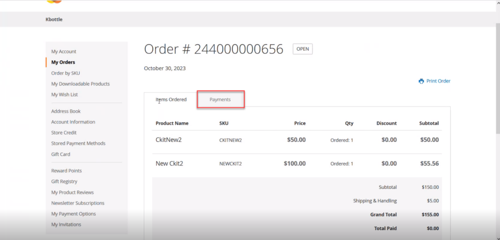 Payment Tabs in Magento Order Details with the updated order